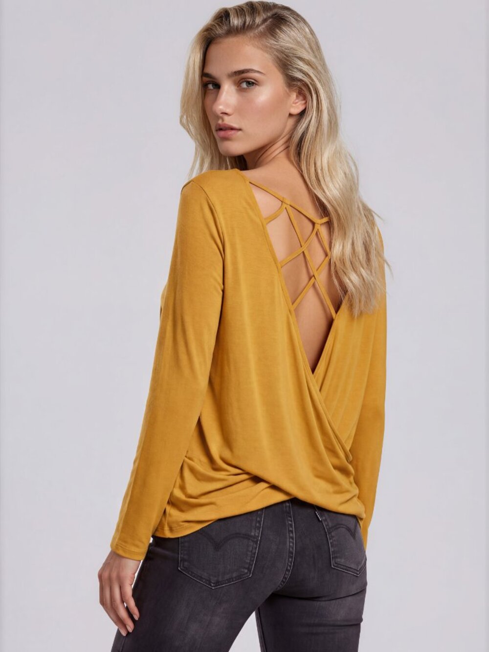 She + Sky Curry Yellow Sexy Long Sleeve Crosshatched and Draped Back T Shirt - L